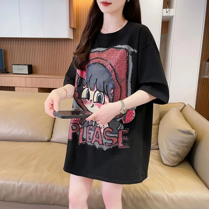 重工亮片刺绣学生洋气纯棉T恤女2025新款中长款宽松大版显瘦短袖