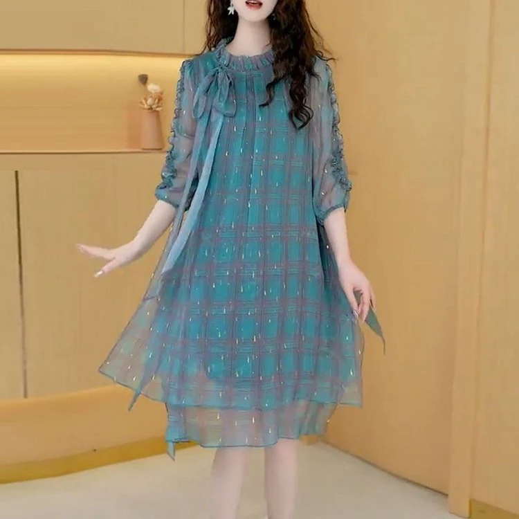 气质春季时尚新款雪纺系带印花减龄七分袖宽松遮肉中长款连衣裙女