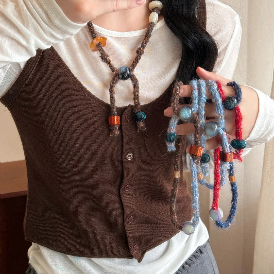 非金属布艺项链复古针织毛线串珠抽拉项链女新款独特设计毛衣链个