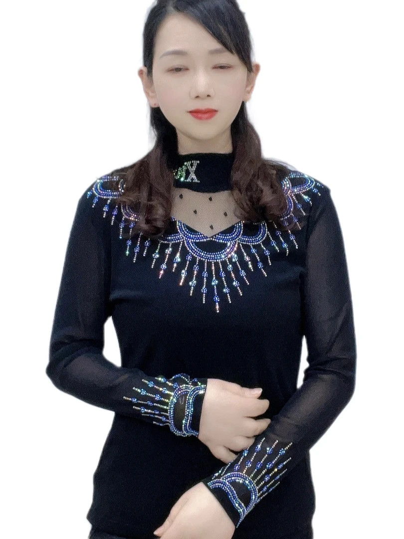 2025春季新款203中领镂空带钻修身显瘦百拱洋气长袖南韩纱打底衫