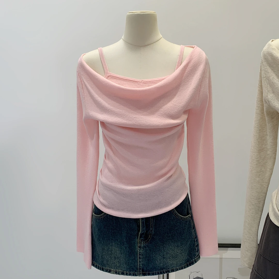 法式荡领假两件长袖针织衫女2025初秋设计感修身露肩早秋chic上衣