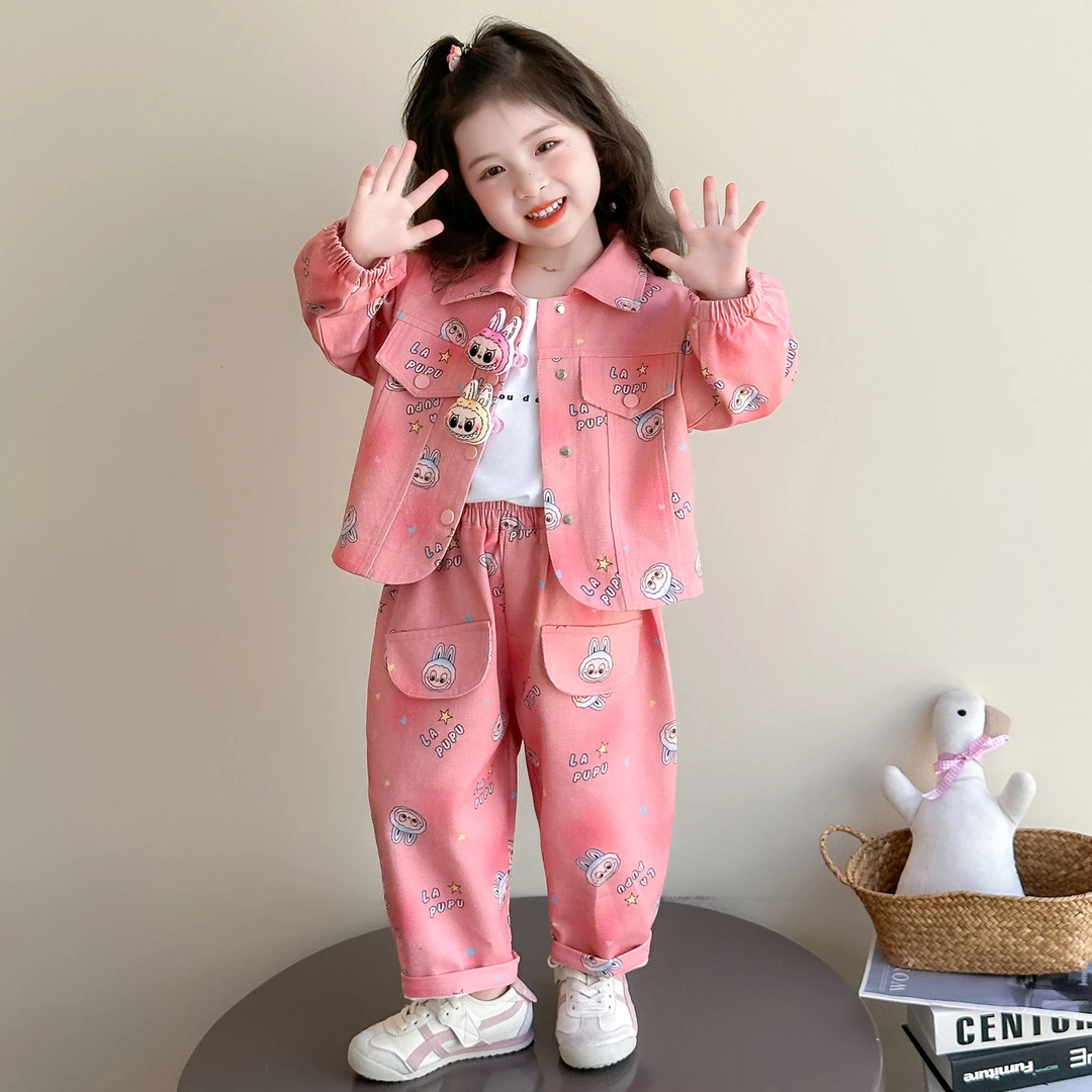 拉布布女童套装玩偶秋翻领外套2025新款儿童女孩春秋labubu两件套