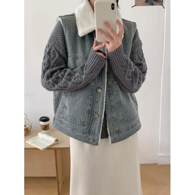 小雅姐姐 韩版复古工装设计拼接加绒翻领百搭马夹IJ45