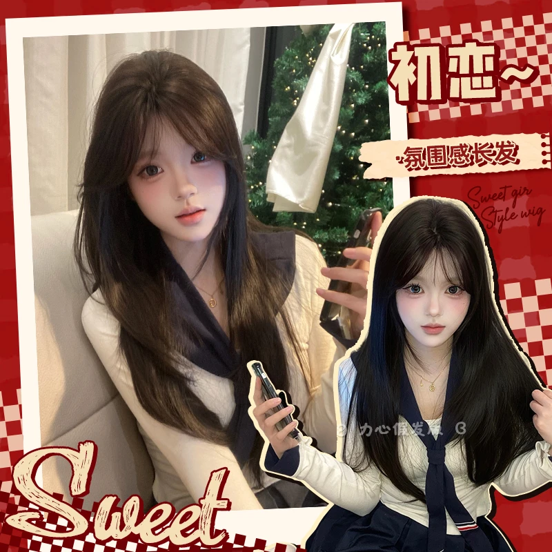 【初恋】敏拉假发胎毛碎发中分高层次修脸日常百搭自然长直发全头套