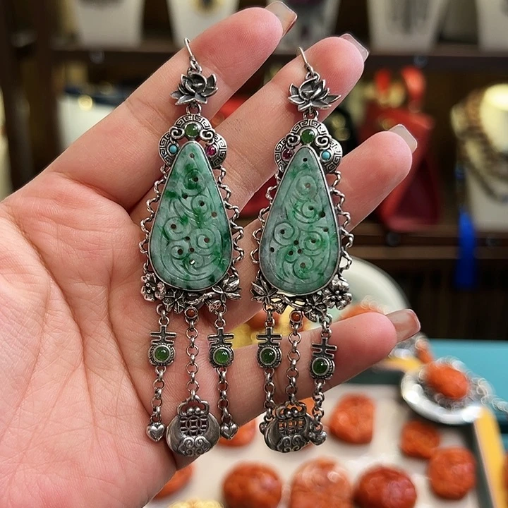 翡翠耳饰银S925镶嵌古风
