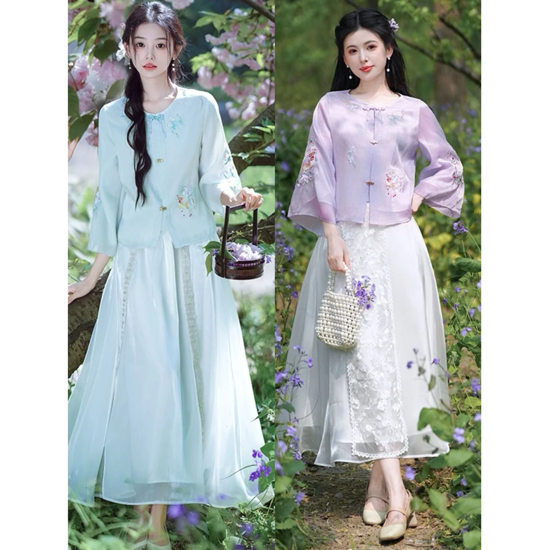 506壹新中式东方气质重工刺绣圆领盘扣刺绣改良半身裙套装