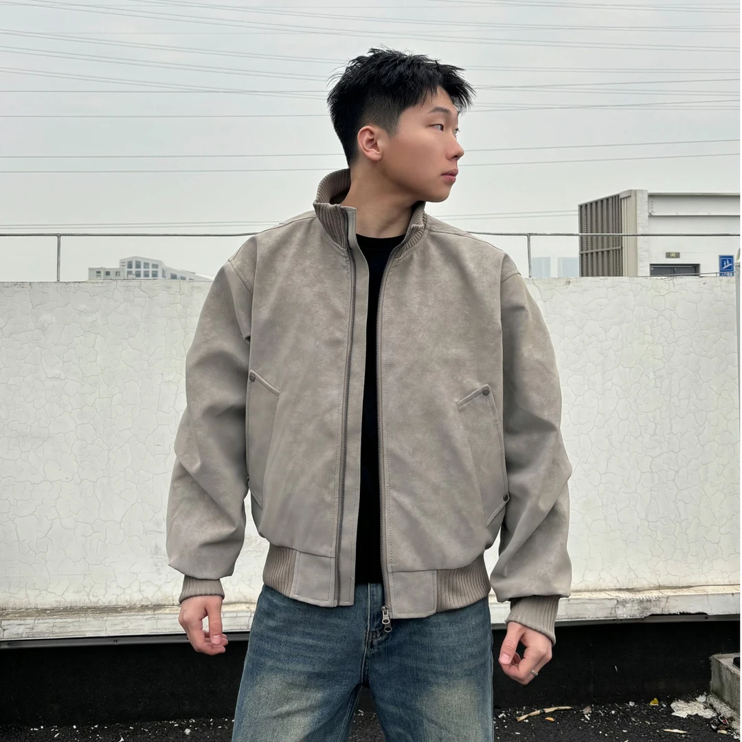 美式【理石纹飞行员皮衣】复古硬汉立领夹克做旧有型cleanfit上衣