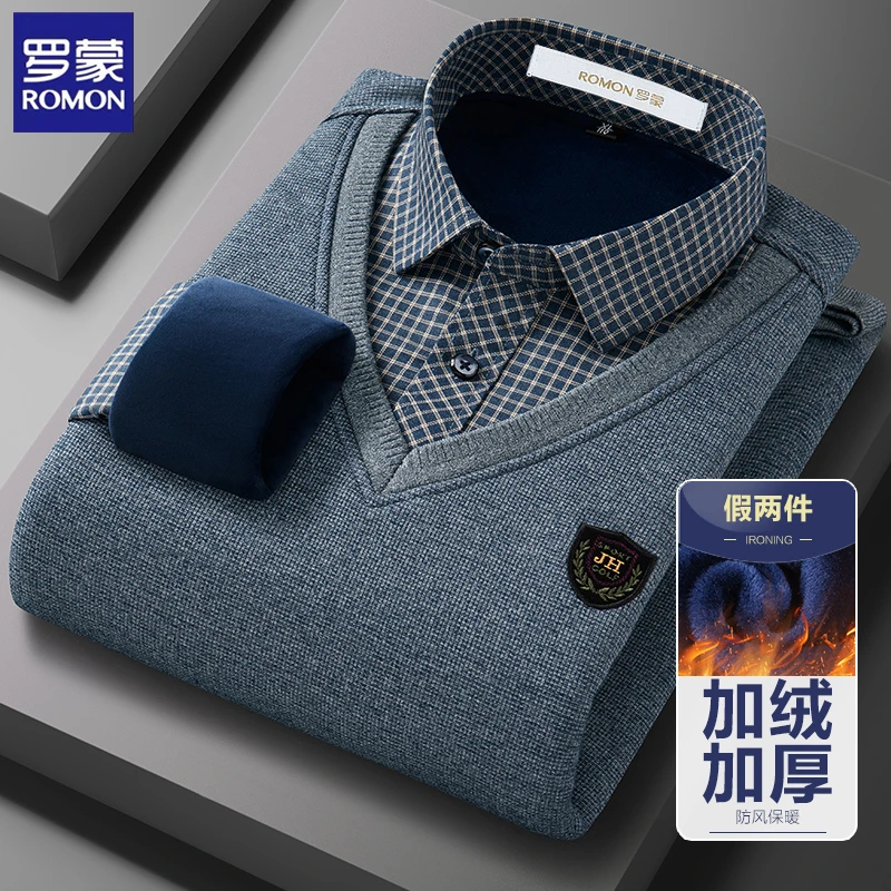 罗蒙冬季男士加绒加厚款保暖外套衬衫中年休闲针织衫毛衣外套