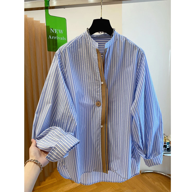 设计感通勤立领蓝色条纹衬衫上衣女春秋新款慵懒风百搭大码小衫潮