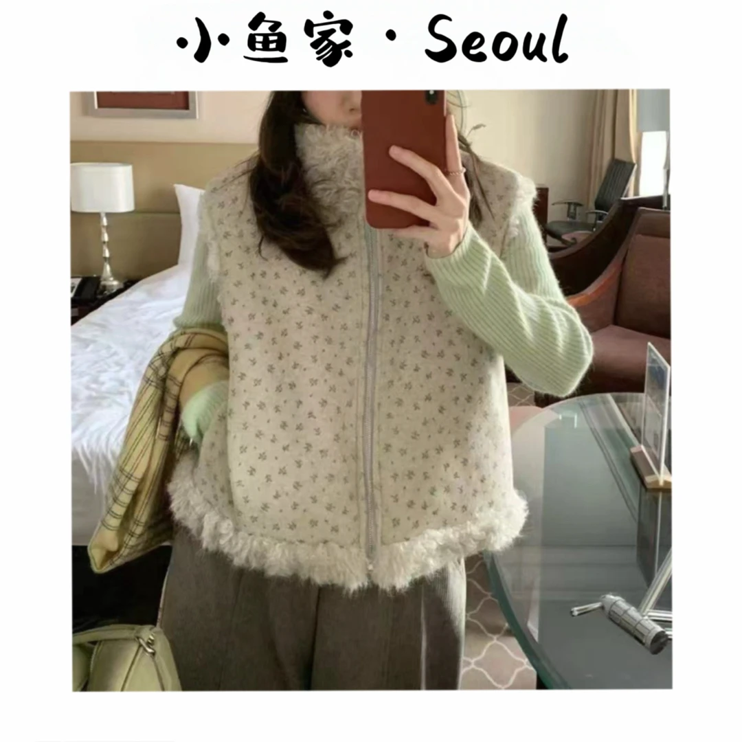 【双面碎花马甲】M韩风碎花羔羔毛两穿马甲百搭无袖坎肩上衣保暖