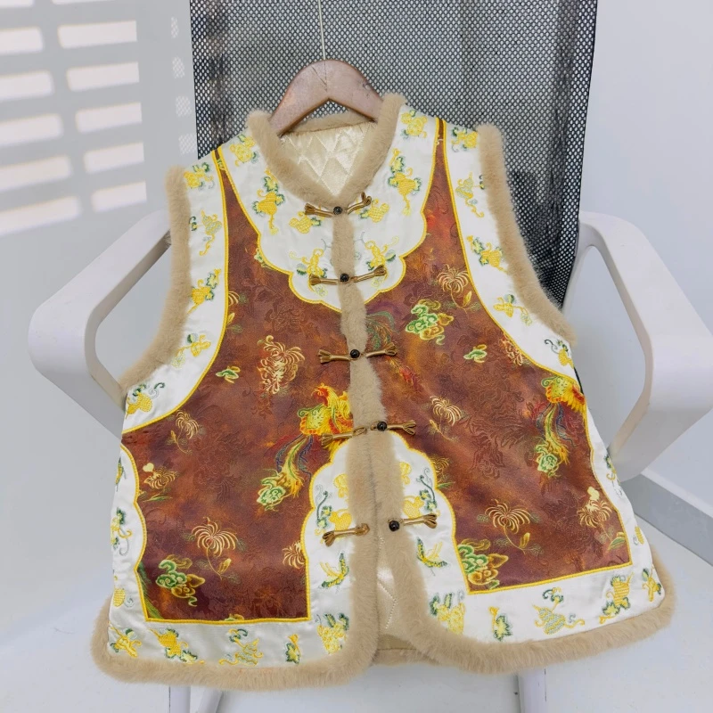 新中式国风马甲冬季新款咖色夹棉加厚宽松显瘦复古百搭坎肩上衣女