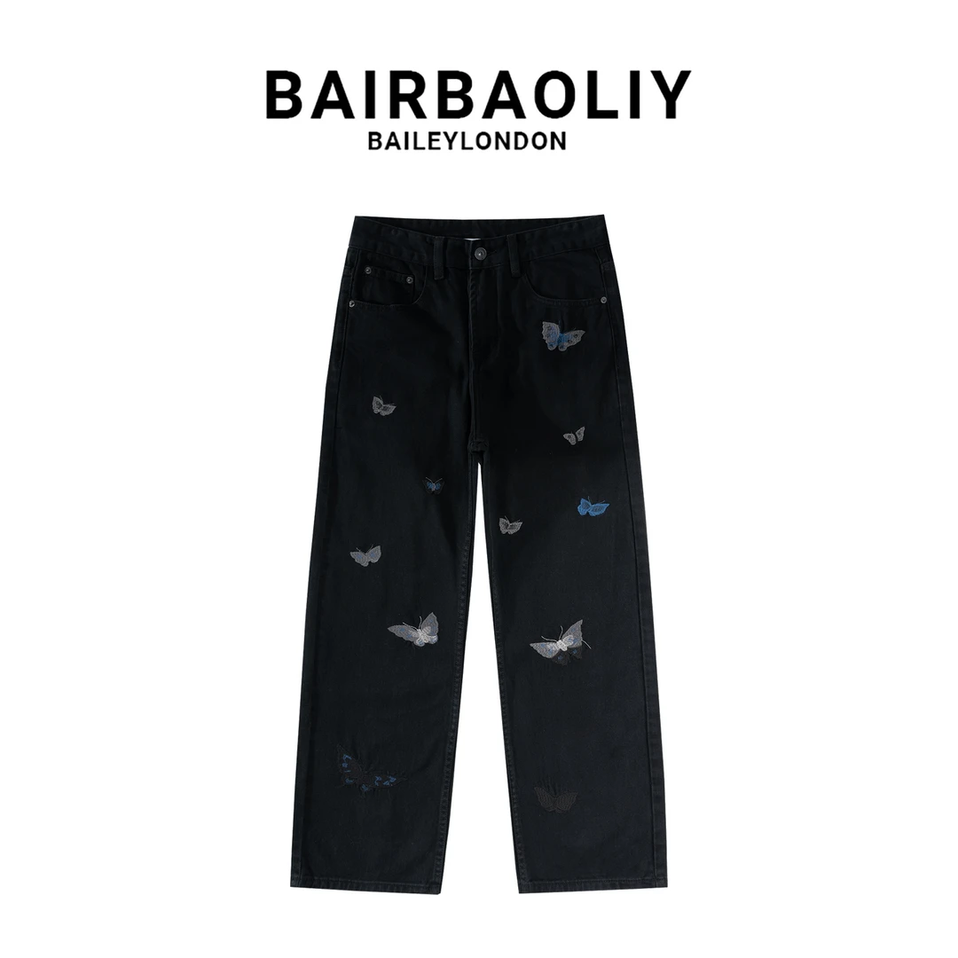 BAIRBAOLIY美式潮流蝴蝶刺绣直筒宽松百搭男士纯棉高品牛仔裤长裤