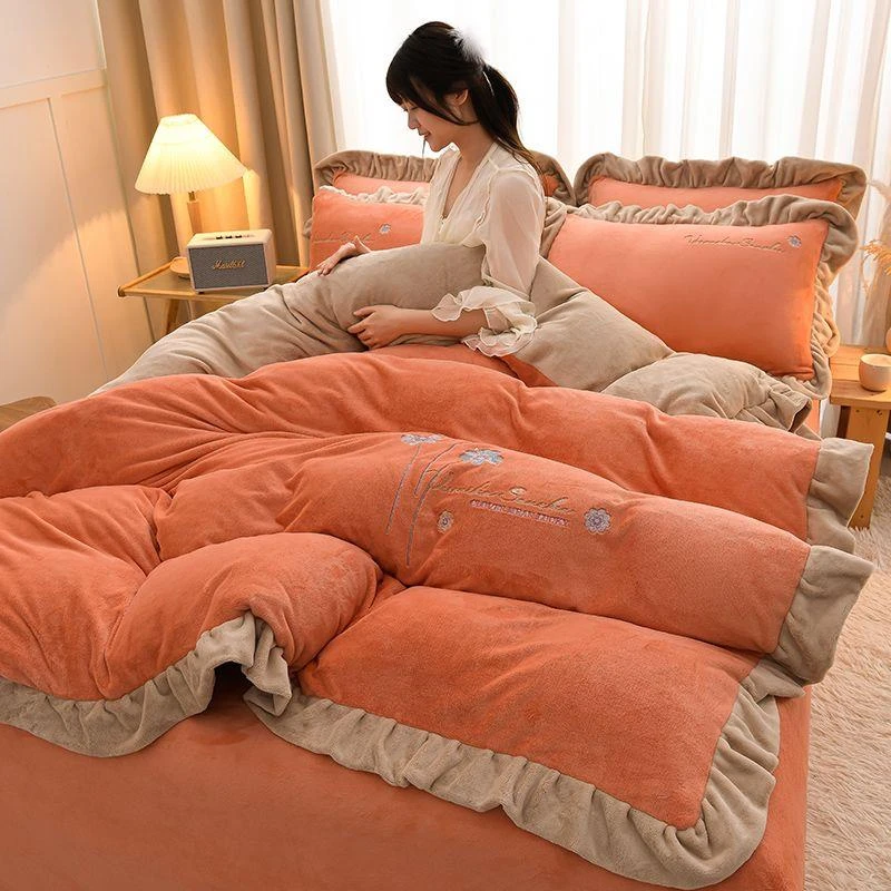冬季加厚牛奶绒四件套保暖双面加绒被套床单法兰绒三件套床上用品