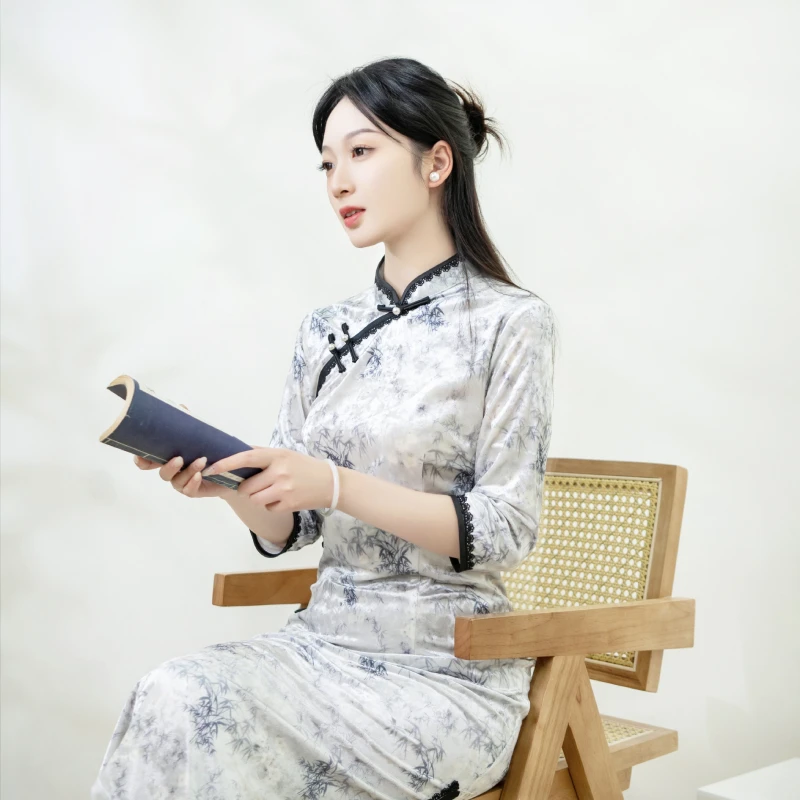 2753【洗砚池】银灰色中国风旗袍新中式复古优雅显瘦气质连衣裙