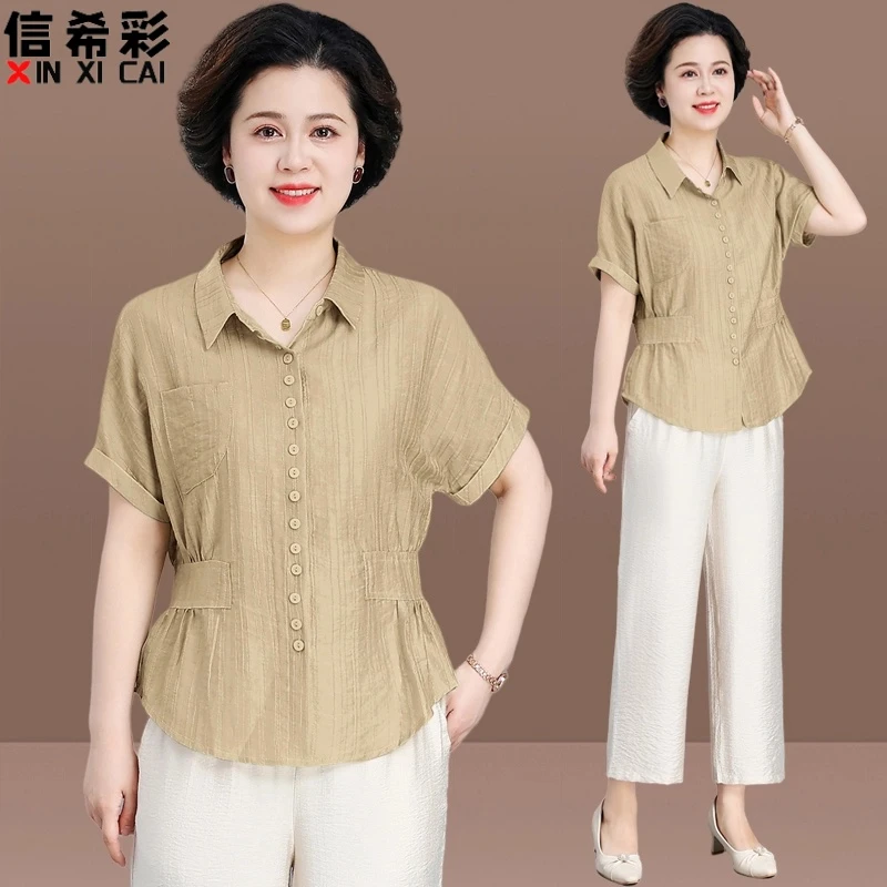母亲节衣服衬衫短袖女中老年夏季薄款上衣中年妈妈装夏装新款套装
