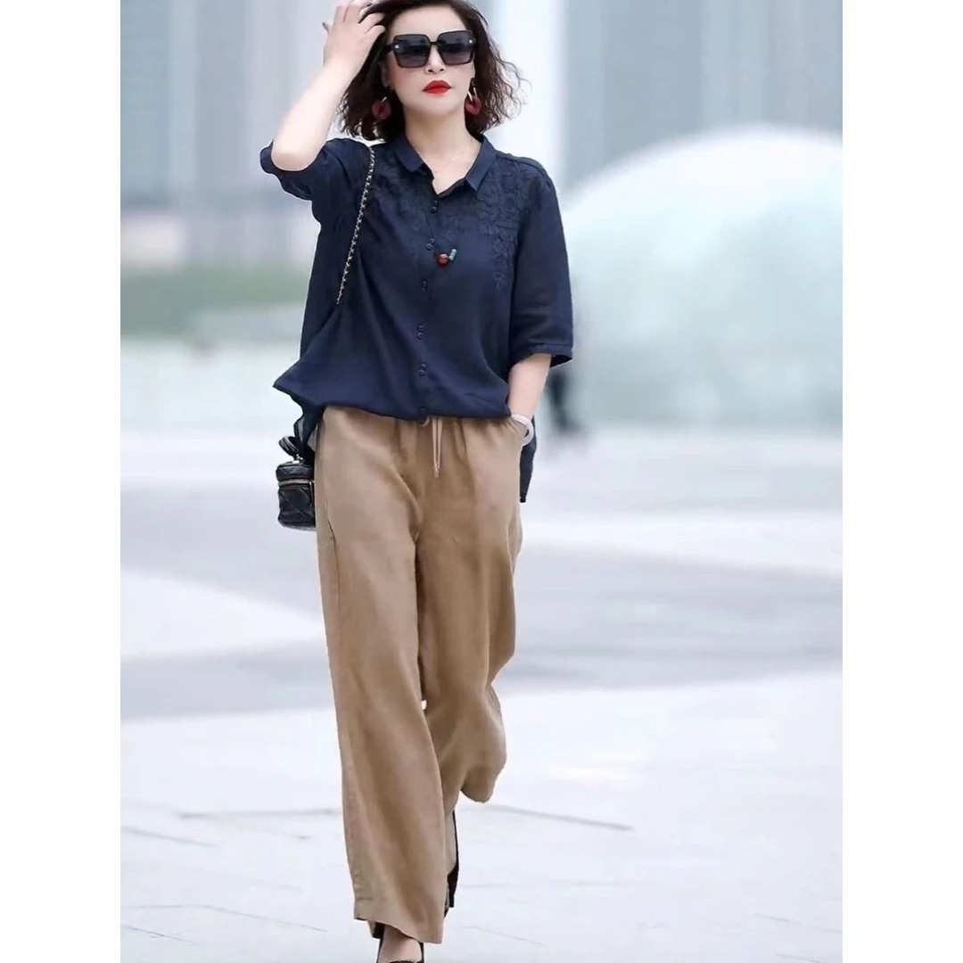 中老年妈妈春秋装2025新款夏装贵夫人气质上衣时尚阔腿裤棉麻套装
