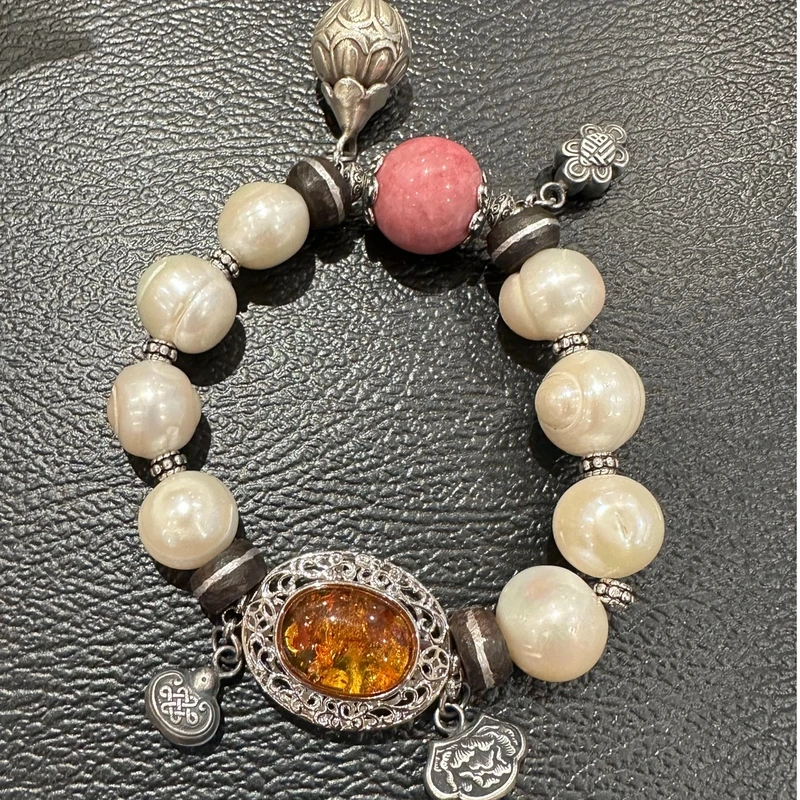 925银木质手链 S11192<秋梦>银线黑珠中国结铃铛牡丹锁弹力手串