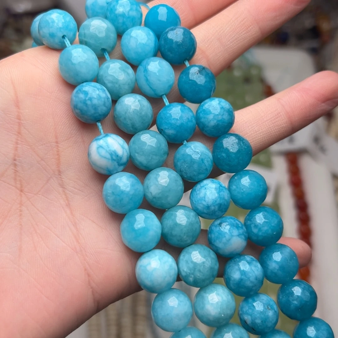 玛瑙/玉髓合金珠宝半成品W480。12mm宝蓝刻面圆珠一条