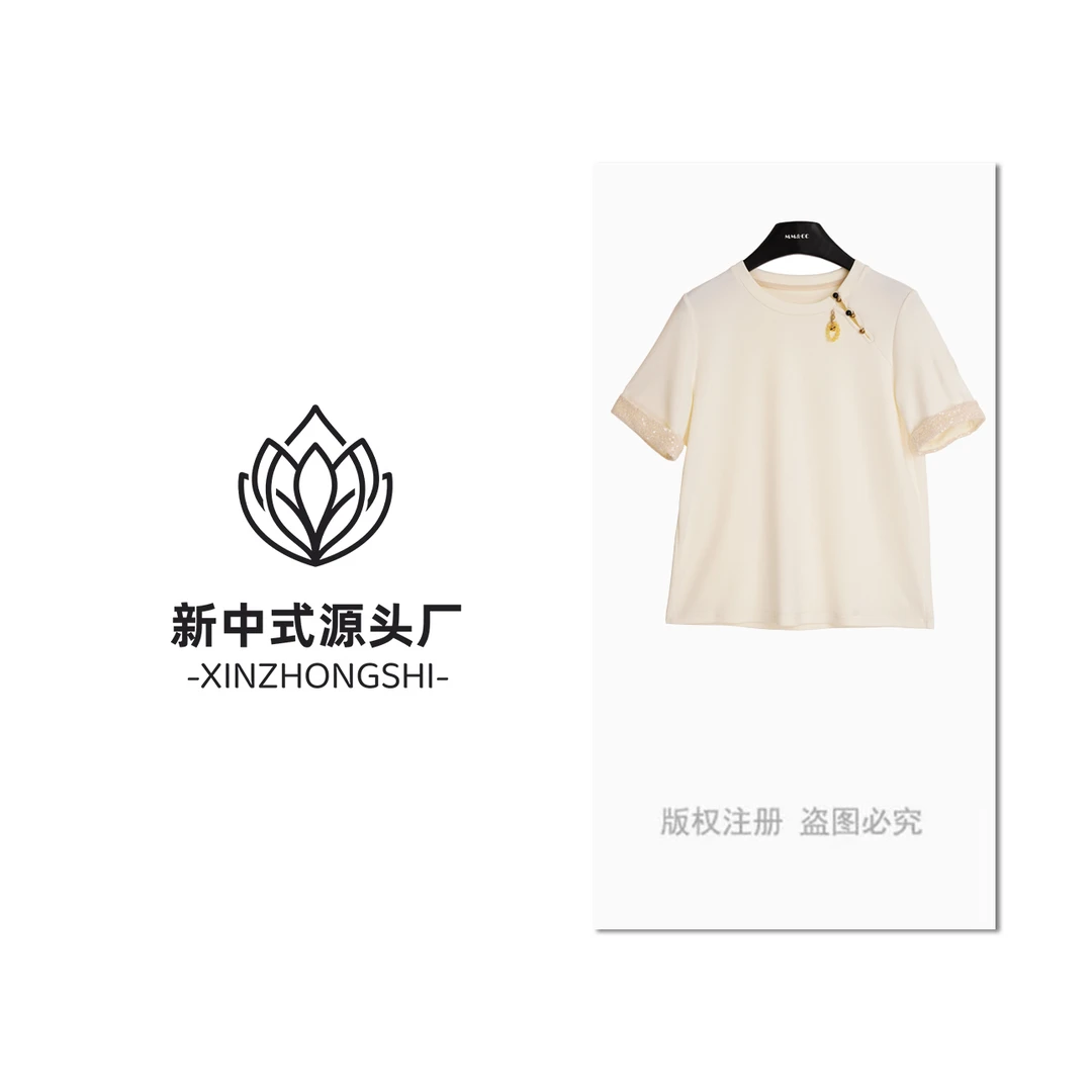 新中式吊坠短袖T恤女2024新款袖口拼接亮片打底衫F9266