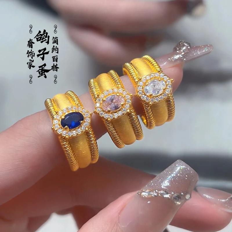 铜合金戒指 鸽子蛋宽版拉丝排珠戒指轻奢时尚开口可调节精致指环