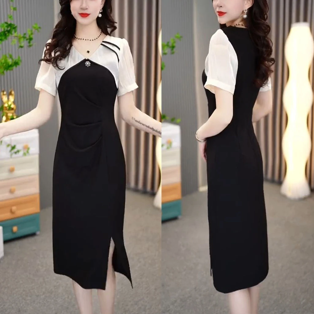 2025夏季新款时尚法式短袖连衣裙女气质收腰显瘦雪纺拼接过膝裙子