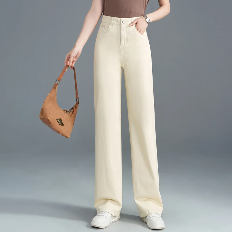 卡其色裤子女窄版软牛仔直筒裤2026年春秋新款舒适女裤垂感阔腿裤