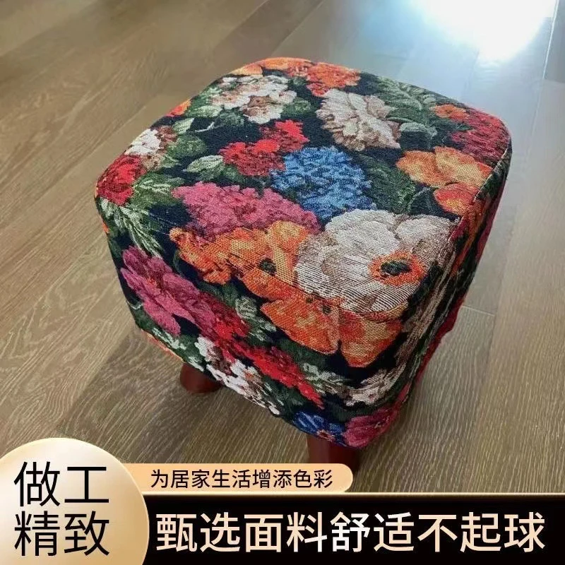 复古轻奢大花棉麻花凳子升级款换鞋凳手工方凳马鞍凳时尚古典耐用