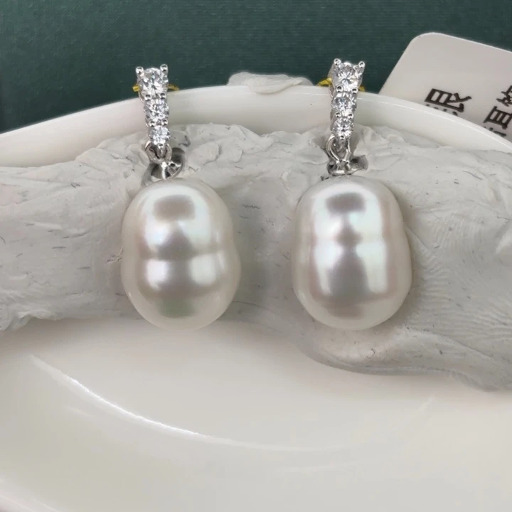 定制海水珍珠银S925镶嵌耳饰10.1-10.3nm澳白裸珠两颗