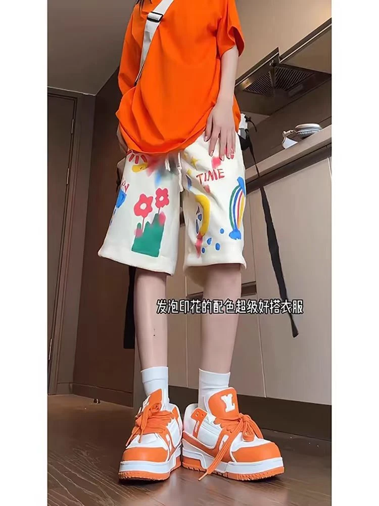 夏季多巴胺涂鸦短裤男女大码2-300斤胖mm显瘦遮肉运动阔腿五分裤