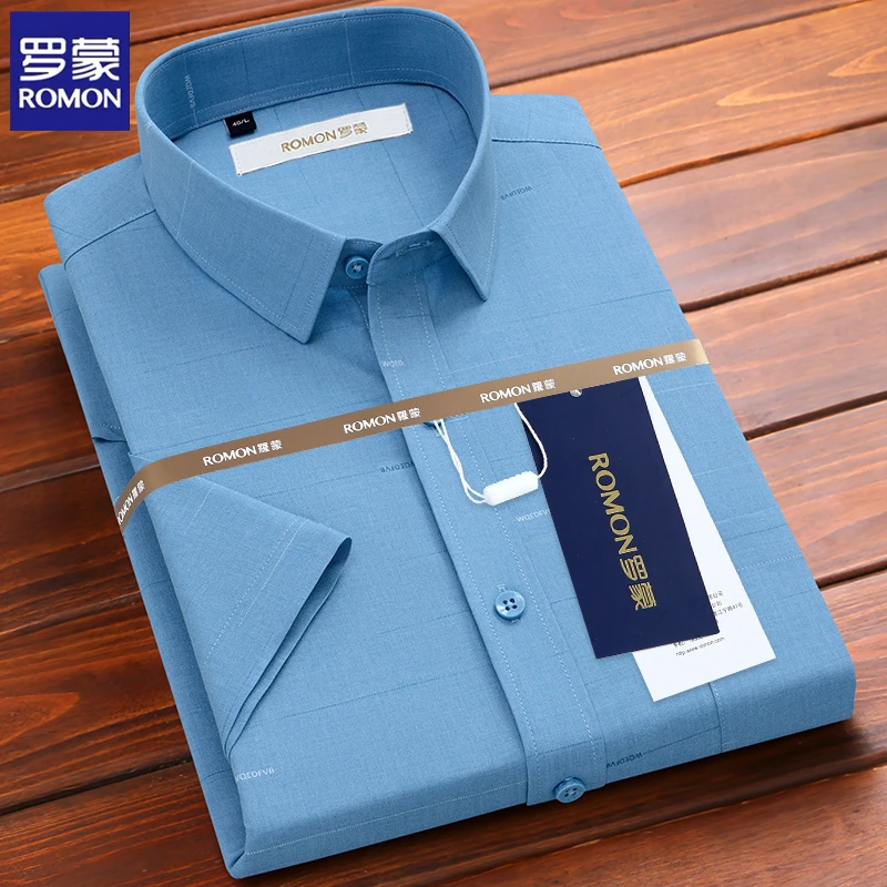 罗蒙免烫透气职业装抗皱垂感格子衬衫竹纤维亲肤短袖男士商务衬衣