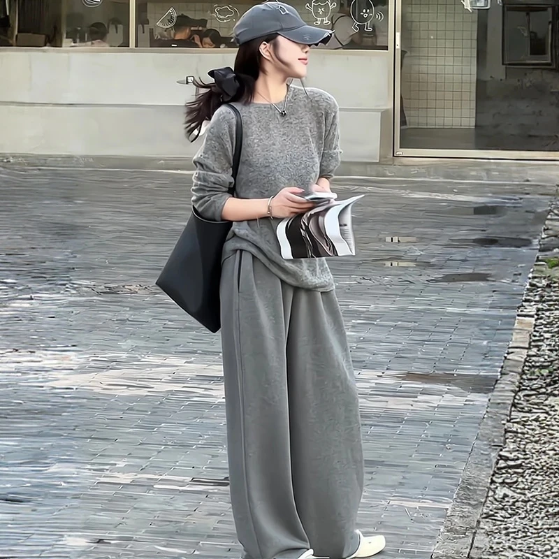 灰色时尚休闲运动套装女2025秋季新款圆领套头针织上衣高腰阔腿裤