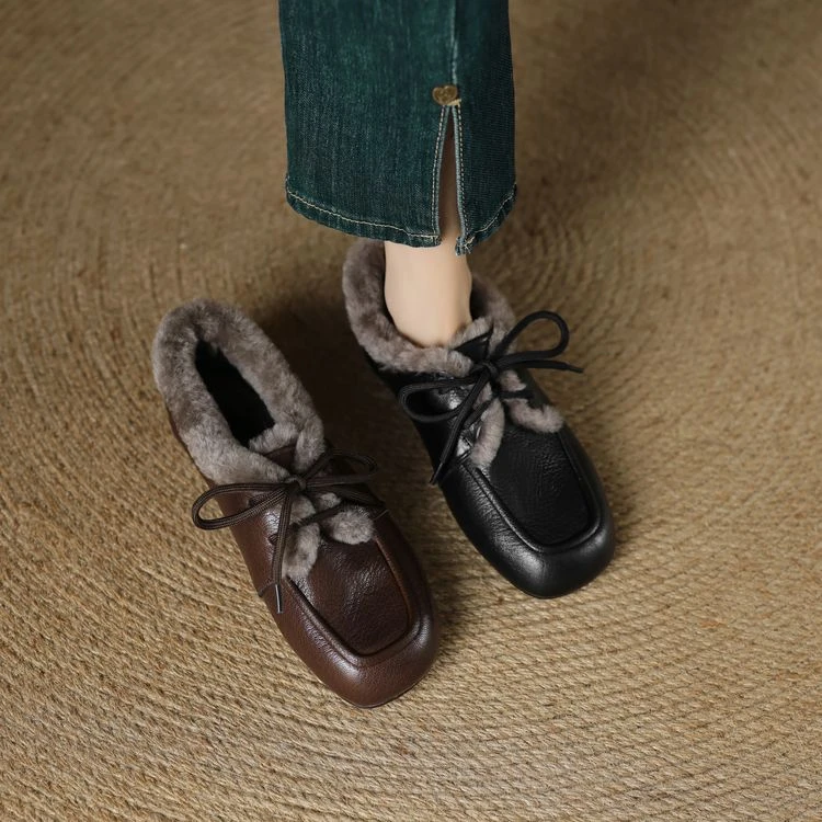 头层羊皮~2cm加厚羊羔毛保暖平底系带小皮鞋圆头深口毛毛单鞋棉鞋