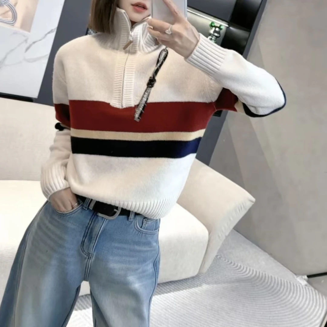 【暖调几何】2025冬季新款时尚拼色半拉链毛针织外套小众女装