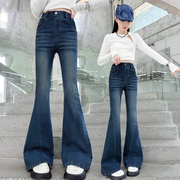 女童裤子2025新款春秋装洋气儿童中大童百搭弹力牛仔裤韩版喇叭裤