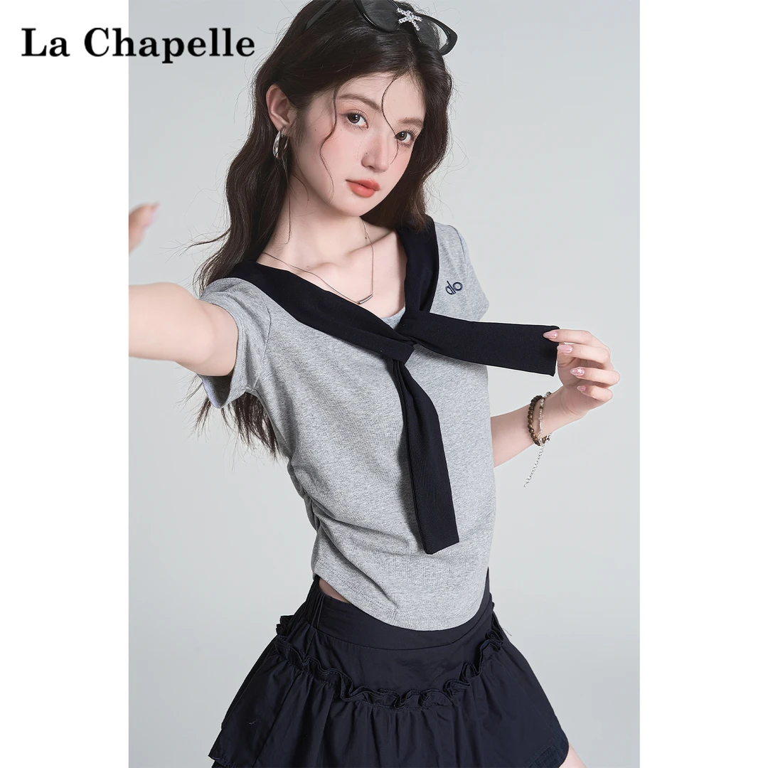 拉夏贝尔2025夏季新款撞色V领时尚假两件收腰显瘦百搭上衣T恤女