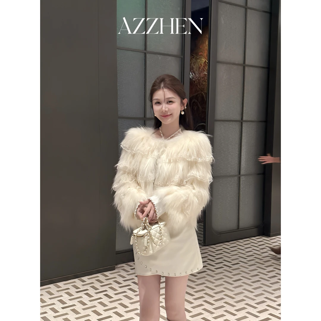 （假日穿搭）AZZHEN【白桃沁雪】重工蕾丝貉子毛皮草外套AZ4KCW27-00