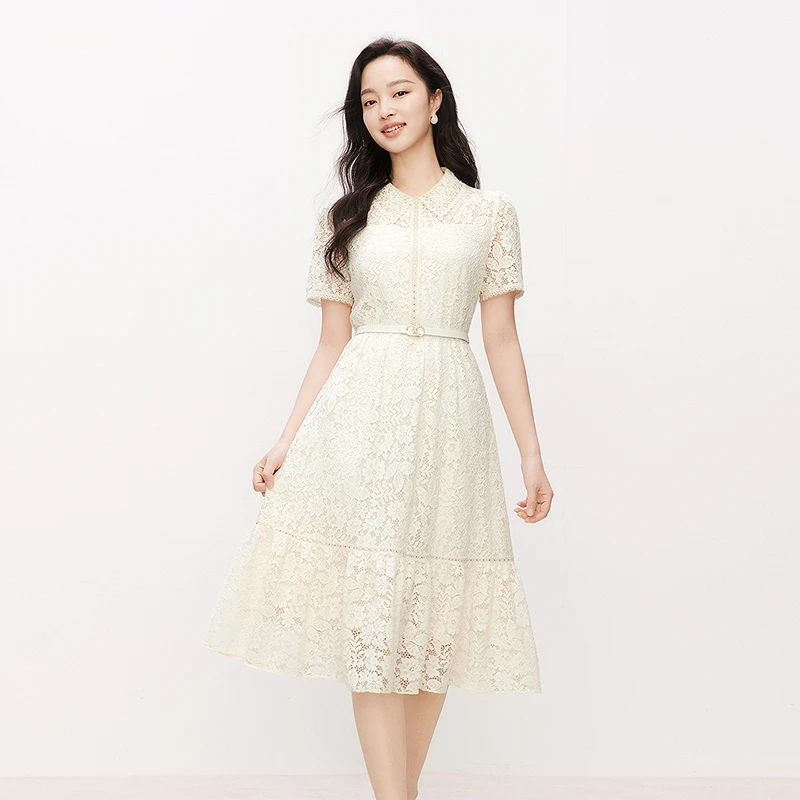 Koradior/珂莱蒂尔夏季法式精致蕾丝收腰显瘦优雅A摆女装连衣裙