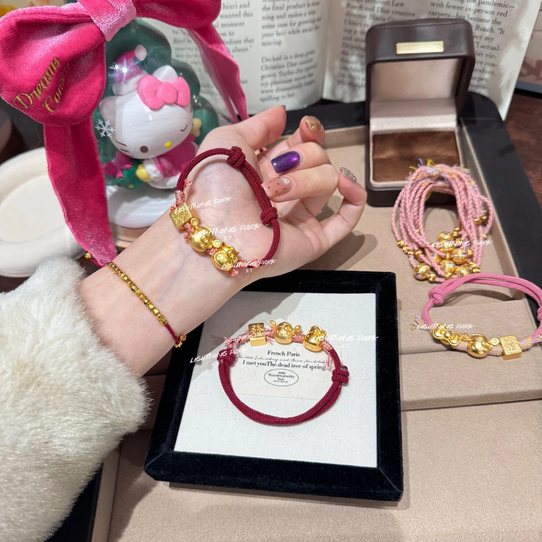 LIGHTNINGPARK 新中式可爱财财小猫浆果红编绳手链