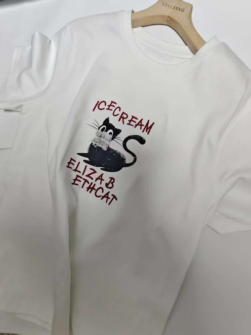 蕾丝小猫短袖棉质T恤2025年夏季百搭时尚舒适宽松