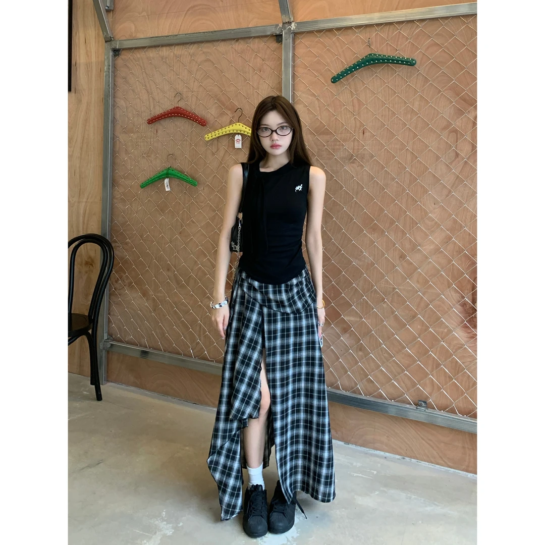 格纹公式~设计感个性格纹半身裙+蝴蝶结针织背心上衣裙子