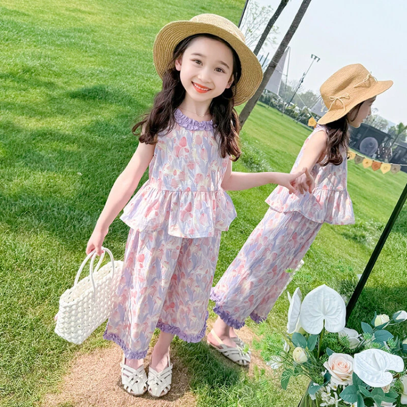 巴拉【商场同款】女童花朵套装2025新款宝宝薄款夏季背心阔腿裤两件