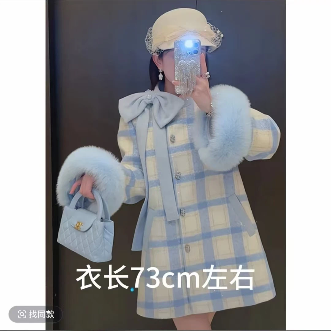 8018款【冰蓝梦境】时尚轻奢名媛斗篷中长款大衣外套