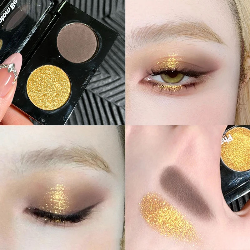 幻影小熊双色眼影盘金棕小烟熏鎏金黑棕色贵气珠光细闪亮片眼影盘