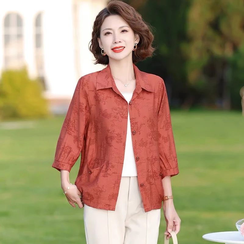 M1726 2025春夏新款妈妈装衬衫洋气中老年女装春秋七分袖开衫上衣