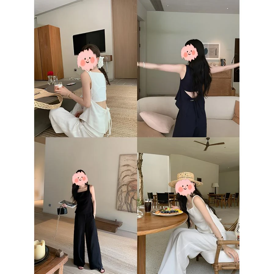 2025夏季新款韩版时尚气质通勤休闲风绑带露背上衣阔腿裤两件套装