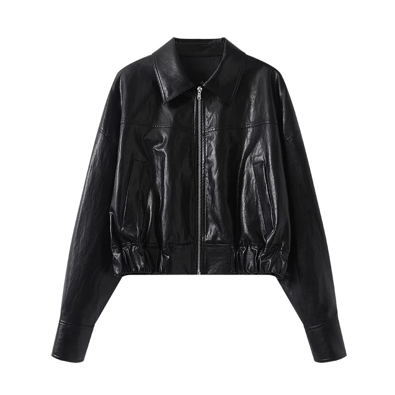 1022女装艾家2025年春季新款时尚百搭休闲黑色拉链短款夹克皮衣外