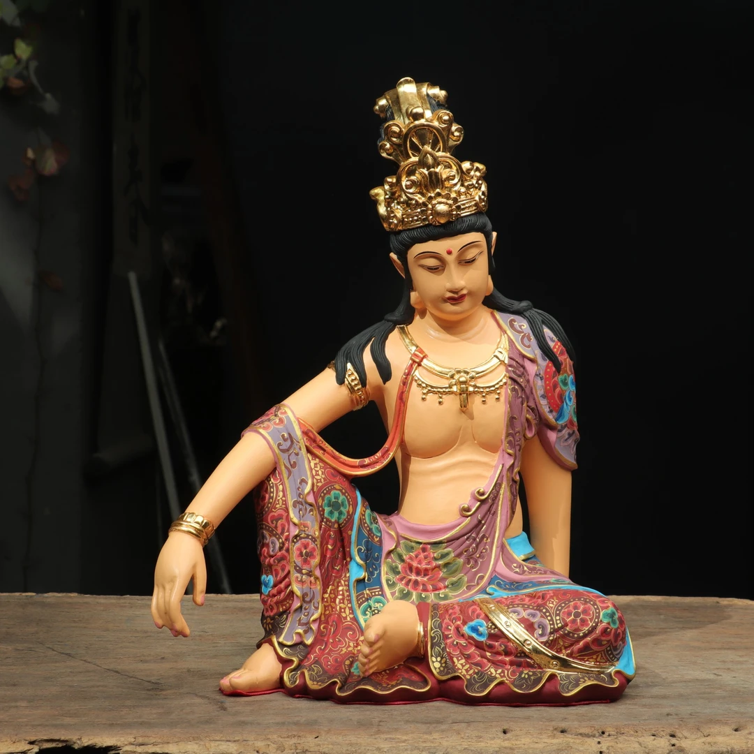 白云石描花彩绘水月观音自在观音中式禅意茶室玄关工艺品创意摆设