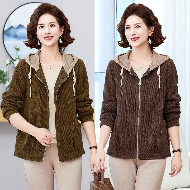 春秋妈妈装短款夹克上衣中年女士灯芯绒连帽气质纯色外套洋气妈妈