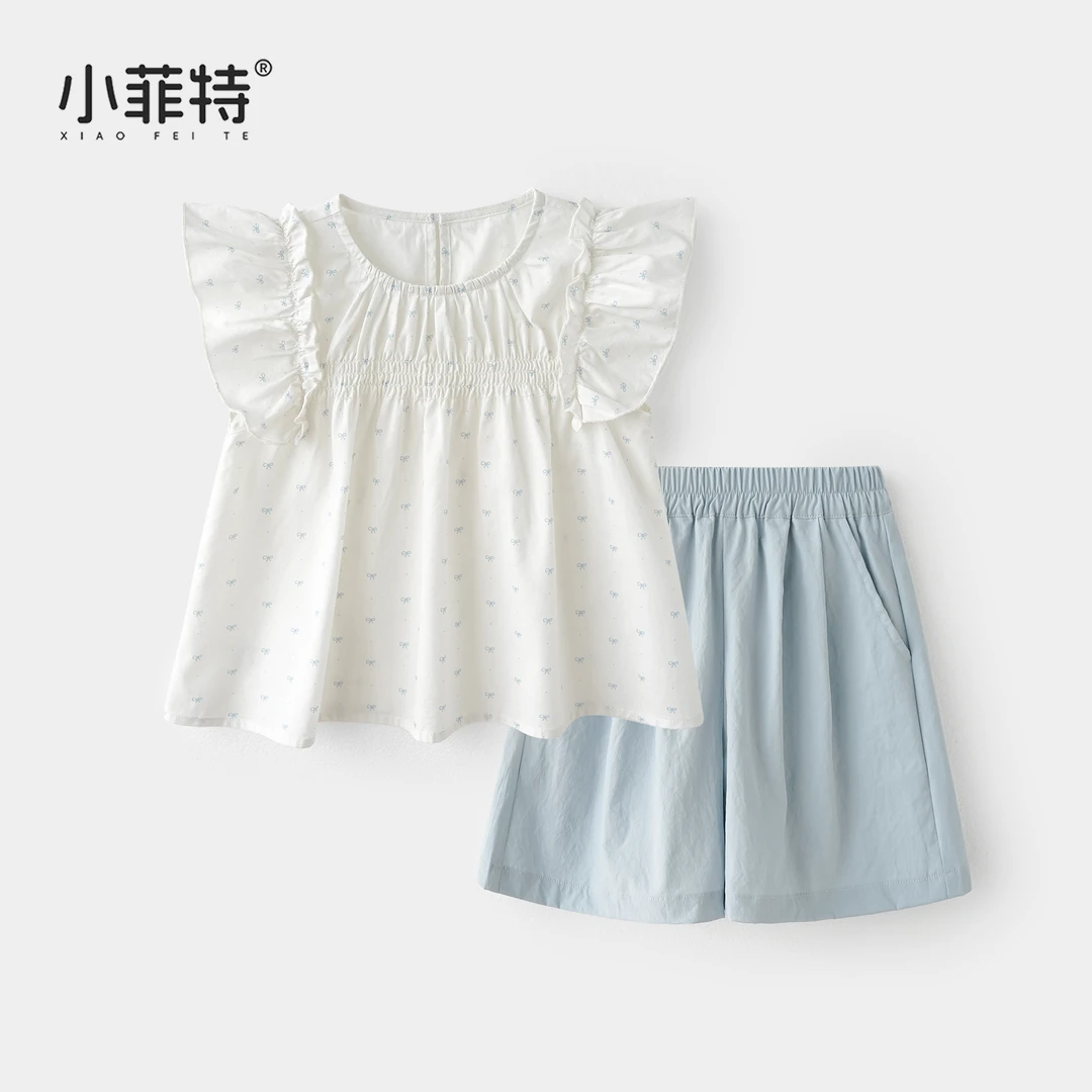 小菲特夏季新款女童短裤套装韩版女孩飞袖娃娃衫两件套BGTX52133