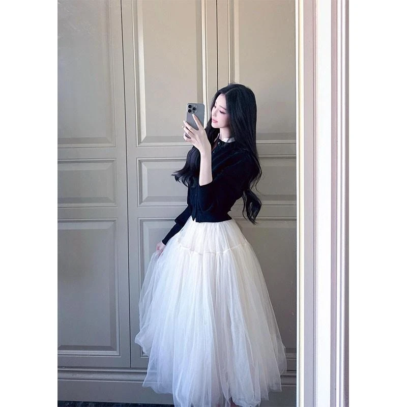 2024秋冬新款轻熟风气质时尚修身长袖针织开衫高腰显瘦蓬蓬纱裙女